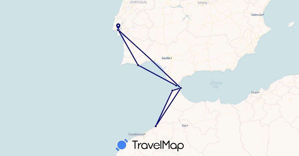 TravelMap itinerary: driving, boat in Spain, Morocco, Portugal (Africa, Europe)